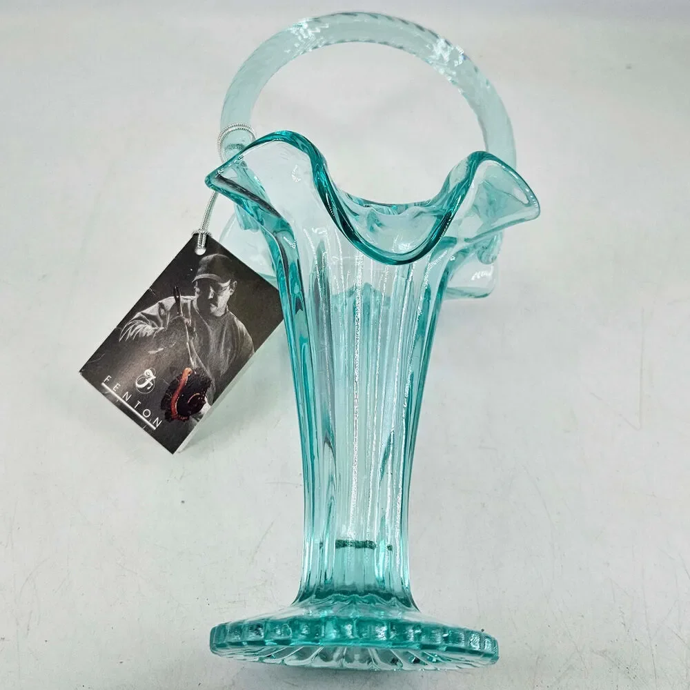 Fenton sea mist Glass Ruffled edge Handled Basket w original hang tag n sticker - Picture 4 of 4